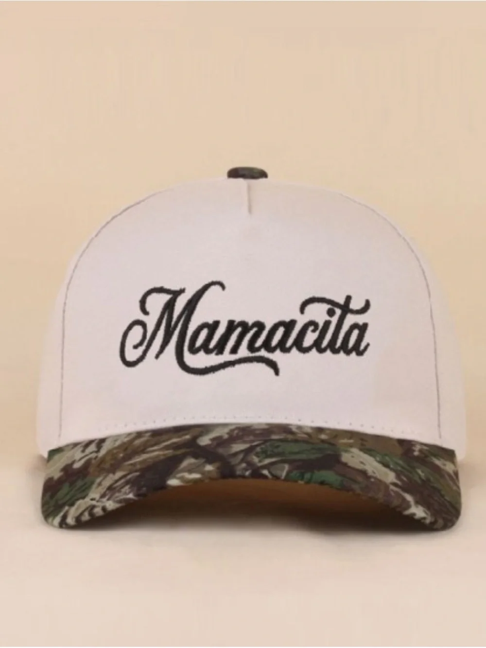 Zenana Outfitters White & Camo Mom Script Trucker Hat
